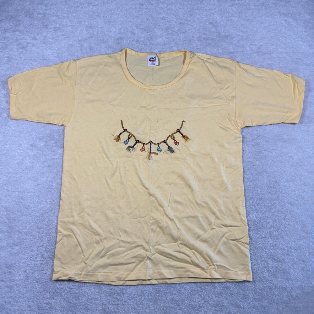 Vintage Anvil Womens Large Yellow Embroidered Beaded Tassel Graphic T-Shirt‎ USA